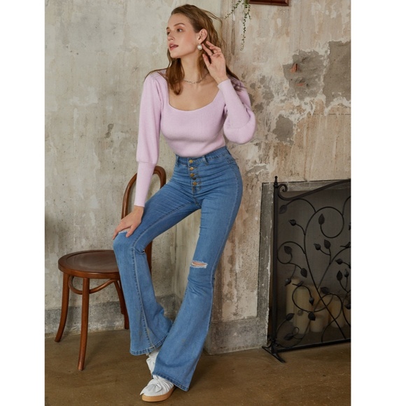 Lilac Puff Sleeve Square Neck Knit Top - Picture 8 of 12